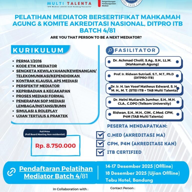 PELATIHAN BERSERTIFIKAT MAHKAMAH AGUNG – KOMITE AKREDITASI NASIONAL (KAN) – DITPRO ITB Batch 4/82